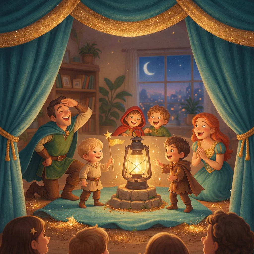 Family actors gathered around a glowing lantern beneath theater curtains.